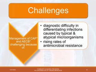 Challenges
Management of CAP*
and AECB*
challenging because
of:
• diagnostic difficulty in
differentiating infections
caused by typical &
atypical microorganisms
• rising rates of
antimicrobial resistance
12/21/2022
*COMMUNITY-ACQUIRED PNEUMONIA
*A/C EXACERBATION OF CHRONIC BRONCHITIS
8
 