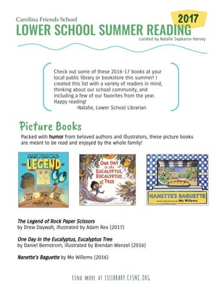 curated by Natalie Sapkarov Harvey
Carolina Friends School 2017
Check out some of these 2016-17 books at your
local public library or bookstore this summer! I
created this list with a variety of readers in mind,
thinking about our school community, and
including a few of our favorites from the year.
Happy reading!
-Natalie, Lower School Librarian
Picture Books
Packed with humor from beloved authors and illustrators, these picture books
are meant to be read and enjoyed by the whole family!
The Legend of Rock Paper Scissors
by Drew Daywalt, illustrated by Adam Rex (2017)
One Day in the Eucalyptus, Eucalyptus Tree
by Daniel Bernstrom, illustrated by Brendan Wenzel (2016)
Nanette’s Baguette by Mo Willems (2016)
Find more at LSLIBRARY.CFSNC.ORG
 