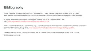 Bibliography
Glaser, Gabrielle. “You Must Be 21 to Drink?” The New York Times, The New York Times, 10 Feb. 2015, 10:33PM,
www.nytimes.com/roomfordebate/2015/02/10/you-must-be-21-to-drink/return-the-drinking-age-to-18-and-enforce-it.
T, Buddy. “The Facts Don't Support Lowering the Drinking Age to 18.” Verywell Mind, 3 July
2018,www.verywellmind.com/the-lower-drinking-age-debate-63724.
“CDC - Fact Sheets-Minimum Legal Drinking Age - Alcohol.” Centers for Disease Control and Prevention, Centers for Disease
Control and Prevention, 3 Aug. 2018, www.cdc.gov/alcohol/fact-sheets/minimum-legal-drinking-age.htm.
“Drinking Age ProCon.org.” Should the Drinking Age Be Lowered from 21 to a Younger Age?, 9 Oct. 2018, 2:16 PM,
drinkingage.procon.org/.
 