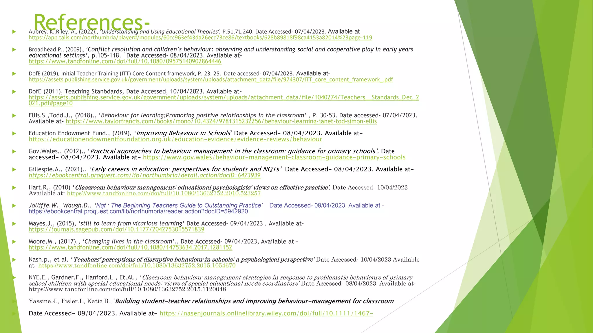 References-
 Aubrey. K.,Riley. A., (2022)., ‘Understanding and Using Educational Theories’, P.51,71,240. Date Accessed- 07/04/2023. Available at
https://app.talis.com/northumbria/player#/modules/60cc963ef43da26ecc73ce86/textbooks/628b89818f98ca4153a82014%23page-119
 Broadhead.P., (2009)., ‘Conflict resolution and children’s behaviour: observing and understanding social and cooperative play in early years
educational settings’, p.105-118. `Date Accessed- 08/04/2023. Available at-
https://www.tandfonline.com/doi/full/10.1080/09575140902864446
 DofE (2019), Initial Teacher Training (ITT) Core Content framework, P. 23, 25. Date accessed- 07/04/2023. Available at-
https://assets.publishing.service.gov.uk/government/uploads/system/uploads/attachment_data/file/974307/ITT_core_content_framework_.pdf
 DofE (2011), Teaching Stanbdards, Date Accessed, 10/04/2023. Available at-
https://assets.publishing.service.gov.uk/government/uploads/system/uploads/attachment_data/file/1040274/Teachers__Standards_Dec_2
021.pdf#page10
 Ellis.S.,Todd.J., (2018)., ‘Behaviour for learning;Promoting positive relationships in the classroom’ , P. 30-53. Date accessed- 07/04/2023.
Available at- https://www.taylorfrancis.com/books/mono/10.4324/9781315232256/behaviour-learning-janet-tod-simon-ellis
 Education Endowment Fund., (2019), ‘Improving Behaviour in Schools’ Date Accessed- 08/04/2023. Available at-
https://educationendowmentfoundation.org.uk/education-evidence/evidence-reviews/behaviour
 Gov.Wales., (2012)., ‘Practical approaches to behaviour management in the classroom: guidance for primary schools’. Date
accessed- 08/04/2023. Available at- https://www.gov.wales/behaviour-management-classroom-guidance-primary-schools
 Gillespie.A., (2021)., ‘Early careers in education: perspectives for students and NQTs’ Date Accessed- 08/04/2023. Available at-
https://ebookcentral.proquest.com/lib/northumbria/detail.action?docID=6473939
 Hart.R., (2010) ‘Classroom behaviour management: educational psychologists' views on effective practice’. Date Accessed- 10/04/2023
Available at- https://www.tandfonline.com/doi/full/10.1080/13632752.2010.523257
 Jolliffe.W., Waugh.D., ‘Nqt : The Beginning Teachers Guide to Outstanding Practice’ Date Accessed- 09/04/2023. Available at -
https://ebookcentral.proquest.com/lib/northumbria/reader.action?docID=5942920
 Mayes.J., (2015), ‘still to learn from vicarious learning’ Date Accessed- 09/04/2023 . Available at-
https://journals.sagepub.com/doi/10.1177/2042753015571839
 Moore.M., (2017)., ‘Changing lives in the classroom’., Date Accessed- 09/04/2023, Available at –
https://www.tandfonline.com/doi/full/10.1080/14753634.2017.1281152
 Nash.p., et al. ‘Teachers’ perceptions of disruptive behaviour in schools: a psychological perspective’ Date Accessed- 10/04/2023 Available
at- https://www.tandfonline.com/doi/full/10.1080/13632752.2015.1054670
 NYE.E., Gardner.F., Hanford.L., Et.Al., ‘Classroom behaviour management strategies in response to problematic behaviours of primary
school children with special educational needs: views of special educational needs coordinators’ Date Accessed- 08/04/2023. Available at-
https://www.tandfonline.com/doi/full/10.1080/13632752.2015.1120048
 Yassine.J., Fisler.L, Katic.B., ‘Building student-teacher relationships and improving behaviour-management for classroom
 Date Accessed- 09/04/2023. Available at- https://nasenjournals.onlinelibrary.wiley.com/doi/full/10.1111/1467-
 