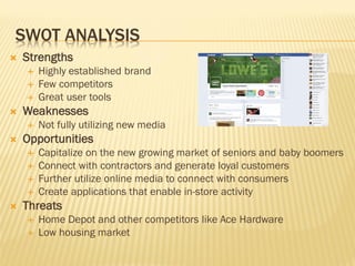 SWOT ANALYSIS
   Strengths
       Highly established brand
       Few competitors
       Great user tools
   Weaknesses
       Not fully utilizing new media
   Opportunities
       Capitalize on the new growing market of seniors and baby boomers
       Connect with contractors and generate loyal customers
       Further utilize online media to connect with consumers
       Create applications that enable in-store activity
   Threats
       Home Depot and other competitors like Ace Hardware
       Low housing market
 