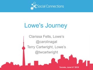 Toronto, June 6-7 2016
Lowe's Journey
Clarissa Felts, Lowe’s
@carolinagal
Terry Cartwright, Lowe’s
@twcartwright
 