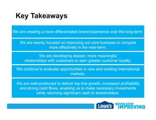 Key Takeaways
We are creating a more differentiated brand experience over the long-term.
We are keenly focused on improving our core business to compete
more effectively in the near-term.
We are developing deeper, more meaningful
relationships with customers to earn greater customer loyalty.
We continue to evaluate opportunities in new and existing international
markets.
W ll iti d t d li t li th i d fit bilitWe are well-positioned to deliver top-line growth, increased profitability
and strong cash flows, enabling us to make necessary investments
while returning significant cash to shareholders.
 