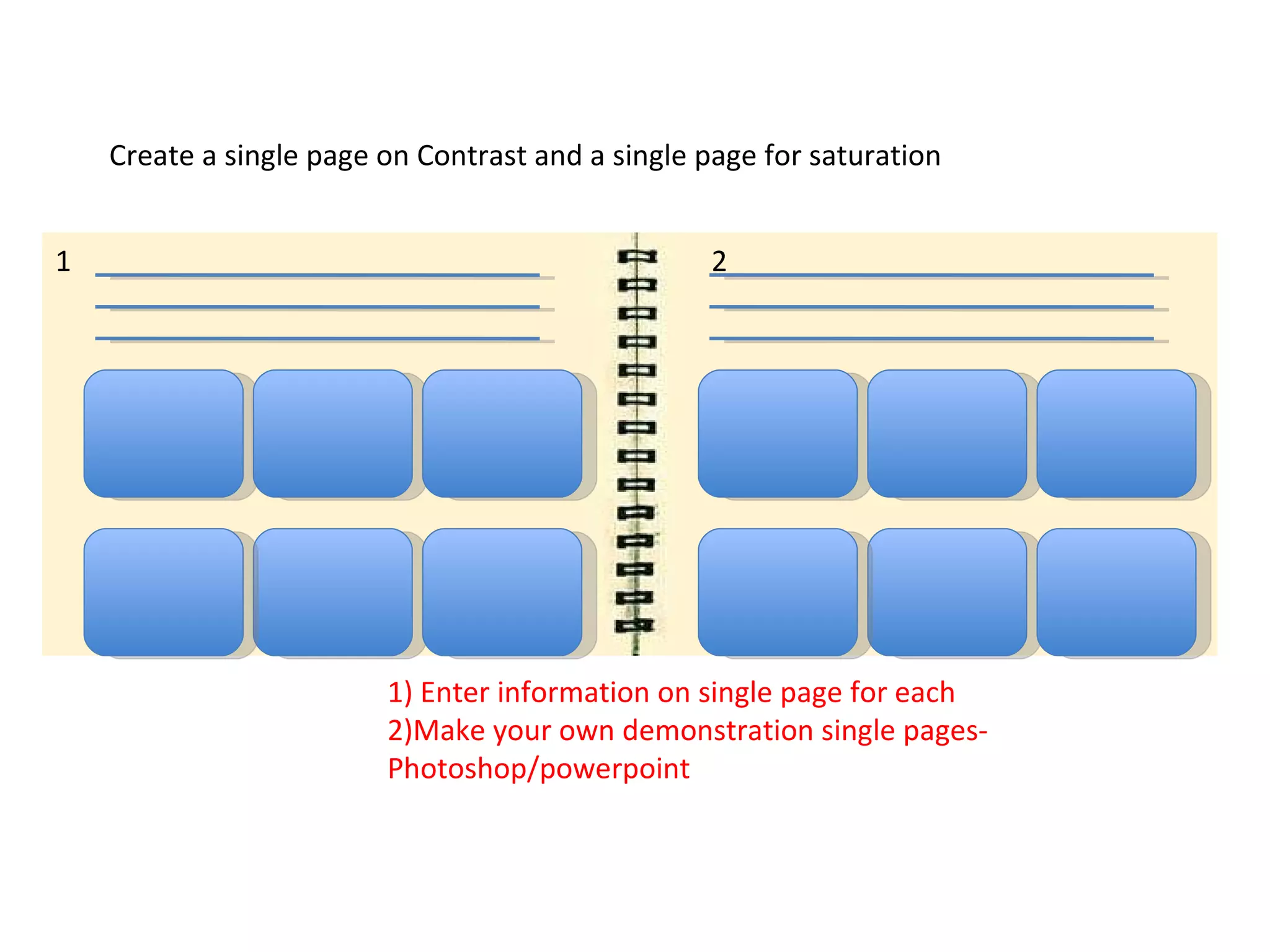 Create a single page on Contrast and a single page for saturation 1) Enter information on single page for each 2)Make your own demonstration single pages-Photoshop/powerpoint 1 2 