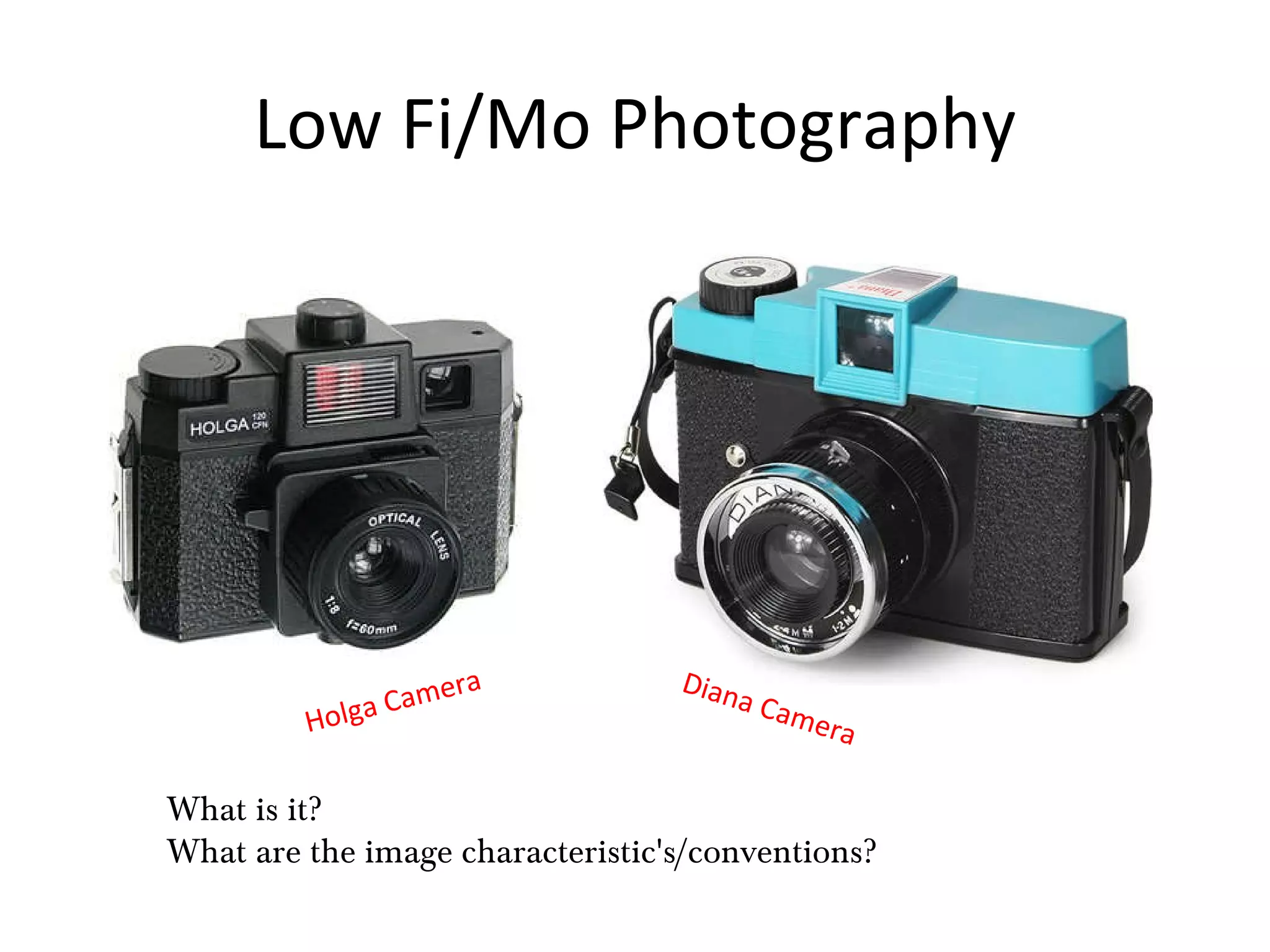 Low Fi/Mo Photography Holga Camera What is it? What are the image characteristic's/conventions? Diana Camera 