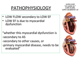 PATHOPHYSIOLOGY
• LOW FLOW secondary to LOW EF
• LOW EF is due to myocardial
dysfunction
“whether this myocardial dysfunction is
-secondary to AS
-secondary to other causes, or
-primary myocardial disease, needs to be
evaluated”
 