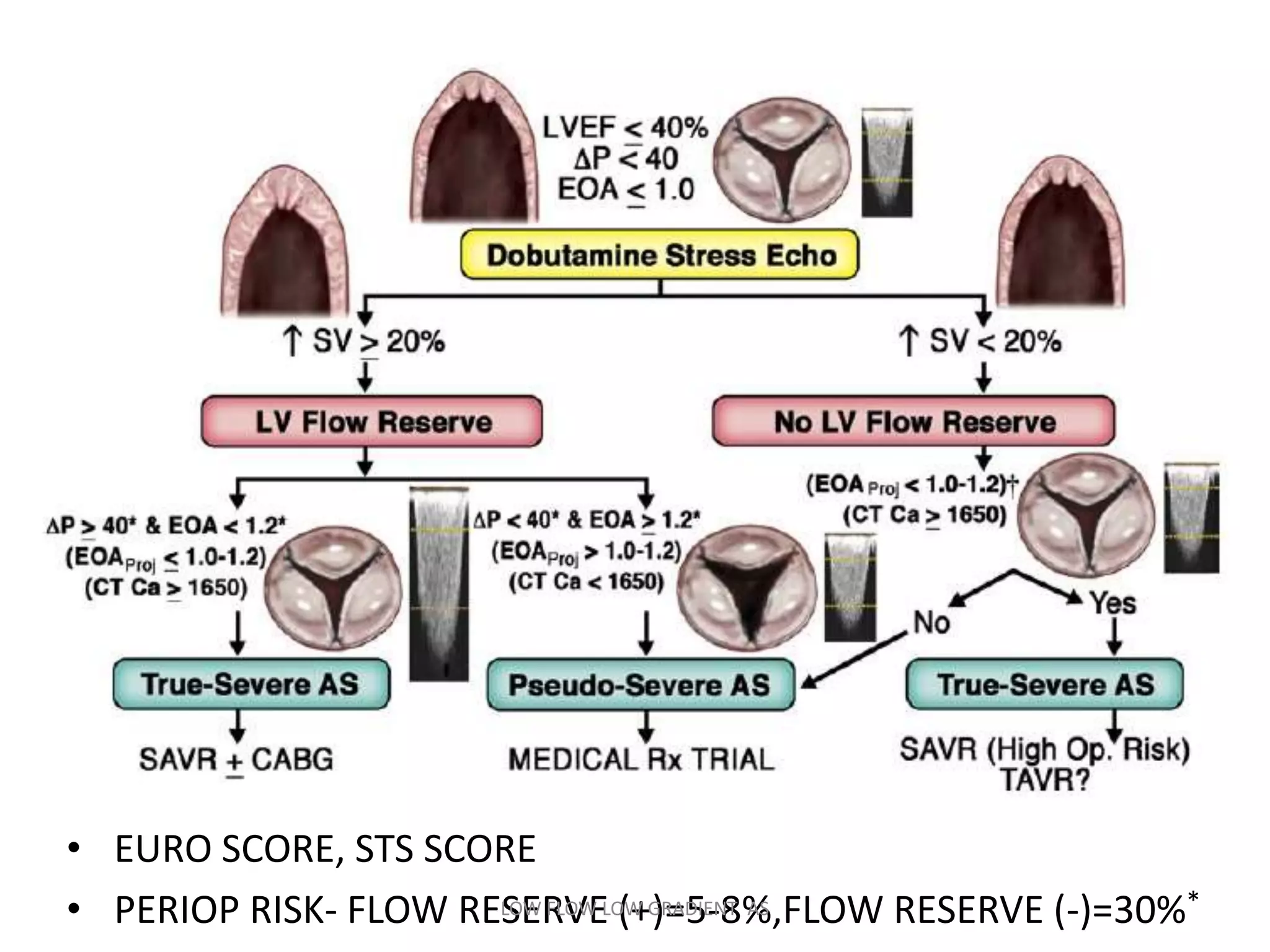• EURO SCORE, STS SCORE
• PERIOP RISK- FLOW RESERVE (+)=5-8%,FLOW RESERVE (-)=30%*LOW FLOW LOW GRADIENT AS
 