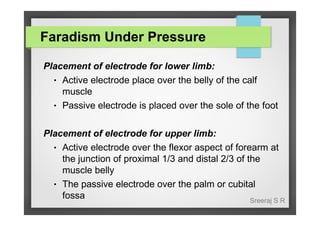 Faradism Under Pressure
Placement of electrode for lower limb:
● Active electrode place over the belly of the calf
muscle
● Passive electrode is placed over the sole of the foot
Placement of electrode for upper limb:
● Active electrode over the flexor aspect of forearm at
the junction of proximal 1/3 and distal 2/3 of the
muscle belly
● The passive electrode over the palm or cubital
fossa
Sreeraj S R

 