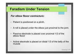 Faradism Under Tension
For elbow flexor contracture:
●

Patient is positioned on a plinth.

●

A roll is placed under the elbow just proximal to the joint.

●

Passive electrode is placed over proximal 1/3 of the
elbow flexor

●

Active electrode is placed on distal 1/3 of the belly of the
muscle
Sreeraj S R

 