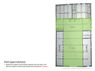 Flett (open kitchen):
• Beyond the stables, the hall space expands into side aisles, and
with the addition of these two alcoves the hall became T-shaped.
Mostasim Billah | 0417012036 | Arch6303 | Domestic Architecture
 