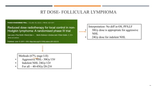 RT DOSE- FOLLICULAR LYMPHOMA
Interpretation- No diff in OS, PFS,LF
• 30Gy dose is appropriate for aggressive
NHL
• 24Gy dose for indolent NHL
Methods (67% stage I-II)
• Aggressive NHL- 30Gy/15#
• Indolent NHL 24Gy/12#
• For all – 40-45Gy/20-23#
 