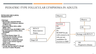 PEDIATRIC-TYPE FOLLICULAR LYMPHOMA IN ADULTS
• PET-CT
• Bone marrow
biopsy
Stage I,II
Excision
Or
ISRT
Or
RCHOP for pts
with extensive ds
who are not
candidates for
excision or ISRT
Observe
Restage with PET-CT
CR
Observe
• NR
• Progressive disease
 