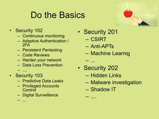 Do the Basics
• Security 102
– Continuous monitoring
– Adaptive Authentication /
2FA
– Persistent Pentesting
– Code Reviews
– Harden your network
– Data Loss Prevention
– ....
• Security 103
– Predictive Data Leaks
– Privileged Accounts
Control
– Digital Surveillance
– ...
• Security 201
– CSIRT
– Anti-APTs
– Machine Learnig
– ...
• Security 202
– Hidden Links
– Malware investigation
– Shadow IT
– ....
 