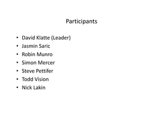 Participants

•   David Klatte (Leader)
•   Jasmin Saric
•   Robin Munro
•   Simon Mercer
•   Steve Pettifer
•   Todd Vision
•   Nick Lakin
 