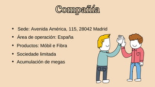 Sede: Avenida América, 115, 28042 Madrid
Área de operación: España
Productos: Móbil e Fibra
Sociedade limitada
Acumulación de megas
 