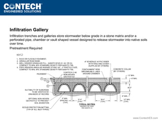 Infiltration Gallery 
Infiltration trenches and galleries store stormwater below grade in a stone matrix and/or a 
perforated pipe, chamber or vault shaped vessel designed to release stormwater into native soils 
over time. 
Pretreatment Required 
www.ContechES.com 
 
