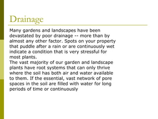 Drainage
Many gardens and landscapes have been
devastated by poor drainage -- more than by
almost any other factor. Spots on your property
that puddle after a rain or are continuously wet
indicate a condition that is very stressful for
most plants.
The vast majority of our garden and landscape
plants have root systems that can only thrive
where the soil has both air and water available
to them. If the essential, vast network of pore
spaces in the soil are filled with water for long
periods of time or continuously
 