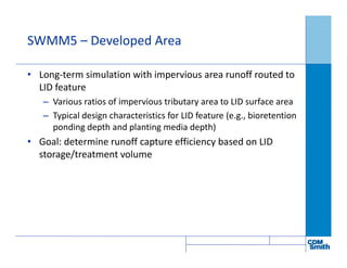 SWMM5 – Developed Area
• Long-term simulation with impervious area runoff routed to
LID feature
– Various ratios of impervious tributary area to LID surface area
– Typical design characteristics for LID feature (e.g., bioretention
ponding depth and planting media depth)
• Goal: determine runoff capture efficiency based on LID
storage/treatment volume
 