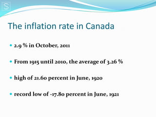 The inflation rate in Canada
 2.9 % in October, 2011


 From 1915 until 2010, the average of 3.26 %


 high of 21.60 percent in June, 1920


 record low of -17.80 percent in June, 1921
 