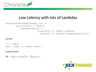 Low Latency with lots of Lambdas
wire.writeDocument(false, out ->
out.write(() -> "put")
.marshallable(m ->
m.write(() -> "key").int64(n)
.write(() -> "value").text(words[n])));
As Yaml
--- !!data
put: { key: 1, value: hello }
As Binary Yaml
⒗٠٠٠Ãputu0082⒎٠٠٠⒈åhello
 