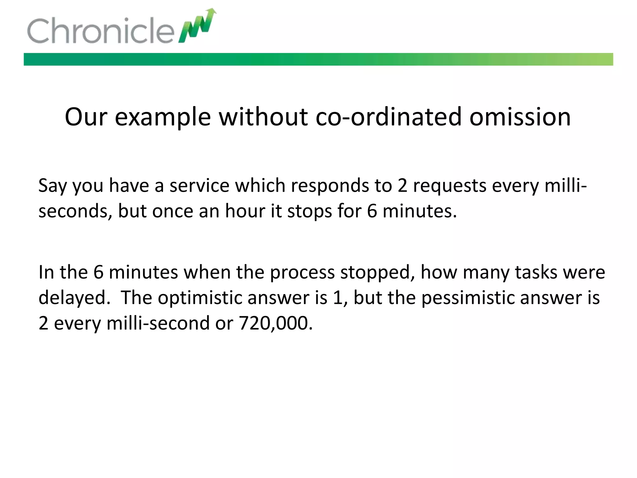 Our example without co-ordinated omission
Say you have a service which responds to 2 requests every milli-
seconds, but once an hour it stops for 6 minutes.
In the 6 minutes when the process stopped, how many tasks were
delayed. The optimistic answer is 1, but the pessimistic answer is
2 every milli-second or 720,000.
 