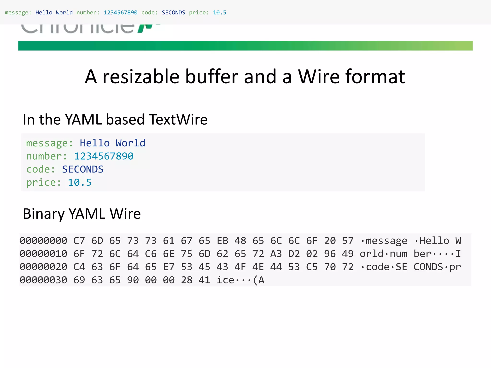 A resizable buffer and a Wire format
message: Hello World number: 1234567890 code: SECONDS price: 10.5
In the YAML based TextWire
Binary YAML Wire
message: Hello World
number: 1234567890
code: SECONDS
price: 10.5
00000000 C7 6D 65 73 73 61 67 65 EB 48 65 6C 6C 6F 20 57 ·message ·Hello W
00000010 6F 72 6C 64 C6 6E 75 6D 62 65 72 A3 D2 02 96 49 orld·num ber····I
00000020 C4 63 6F 64 65 E7 53 45 43 4F 4E 44 53 C5 70 72 ·code·SE CONDS·pr
00000030 69 63 65 90 00 00 28 41 ice···(A
 