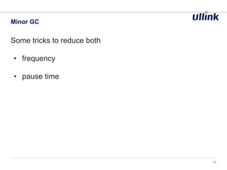 Some tricks to reduce both
• frequency
• pause time
Minor GC
10
 