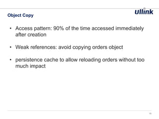 Object Copy
15
• Access pattern: 90% of the time accessed immediately
after creation
• Weak references: avoid copying orders object
• persistence cache to allow reloading orders without too
much impact
 