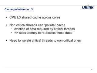 • CPU L3 shared cache across cores
• Non critical threads can “pollute” cache
• eviction of data required by critical threads
• => adds latency to re-access those data
• Need to isolate critical threads to non-critical ones
Cache pollution on L3
45
 