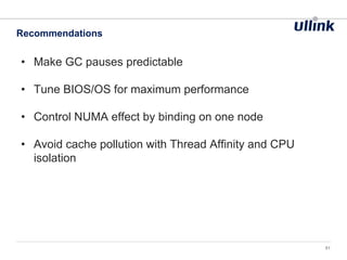 • Make GC pauses predictable
• Tune BIOS/OS for maximum performance
• Control NUMA effect by binding on one node
• Avoid cache pollution with Thread Affinity and CPU
isolation
Recommendations
51
 