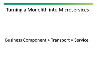 Turning a Monolith into Microservices
Business Component + Transport = Service.
 