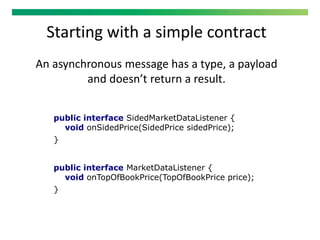Starting with a simple contract
An asynchronous message has a type, a payload
and doesn’t return a result.
public interface SidedMarketDataListener {
void onSidedPrice(SidedPrice sidedPrice);
}
public interface MarketDataListener {
void onTopOfBookPrice(TopOfBookPrice price);
}
 