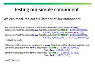 Testing our simple component
We can mock the output listener of our component.
MarketDataListener listener = createMock(MarketDataListener.class);
listener.onTopOfBookPrice(new TopOfBookPrice("EURUSD", 123456789000L,
1.1167, 1_000_000, Double.NaN, 0));
listener.onTopOfBookPrice(new TopOfBookPrice("EURUSD", 123456789100L,
1.1167, 1_000_000, 1.1172, 2_000_000));
replay(listener);
SidedMarketDataListener combiner = new SidedMarketDataCombiner(listener);
combiner.onSidedPrice(new SidedPrice("EURUSD", 123456789000L,
Side.Buy, 1.1167, 1e6));
combiner.onSidedPrice(new SidedPrice("EURUSD", 123456789100L,
Side.Sell, 1.1172, 2e6));
verify(listener);
 