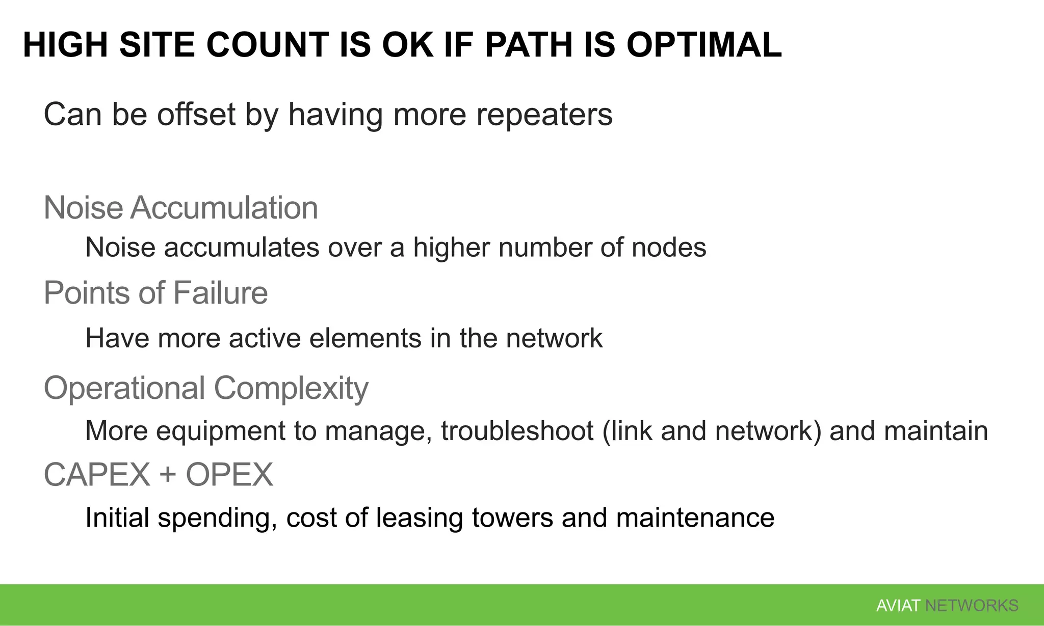 AVIAT NETWORKS
HIGH SITE COUNT IS OK IF PATH IS OPTIMAL
Can be offset by having more repeaters
Noise Accumulation
Noise accumulates over a higher number of nodes
Points of Failure
Have more active elements in the network
Operational Complexity
More equipment to manage, troubleshoot (link and network) and maintain
CAPEX + OPEX
Initial spending, cost of leasing towers and maintenance
 
