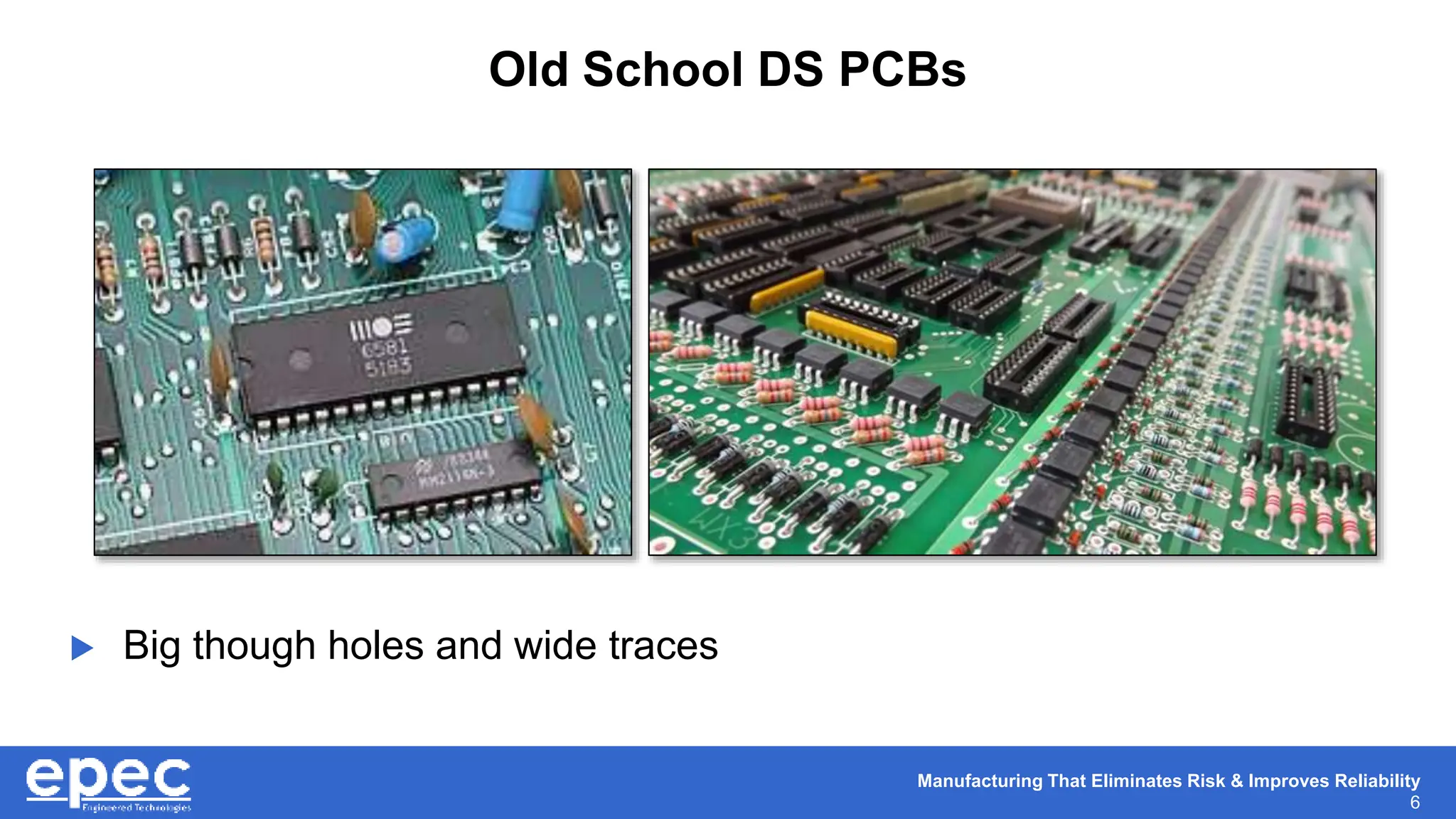 Manufacturing That Eliminates Risk & Improves Reliability
6
Old School DS PCBs
 Big though holes and wide traces
 