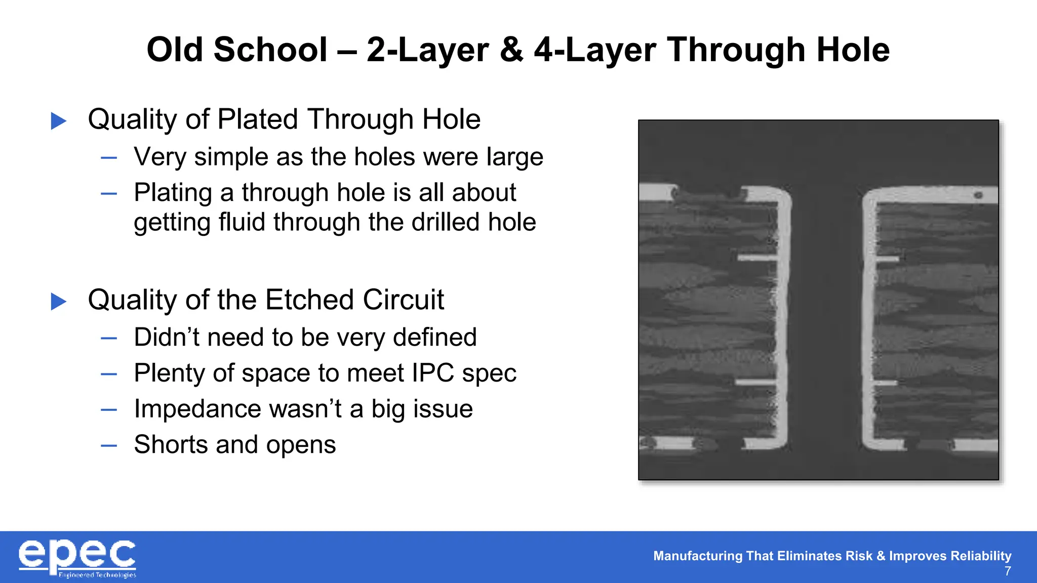 Manufacturing That Eliminates Risk & Improves Reliability
7
Old School – 2-Layer & 4-Layer Through Hole
 Quality of Plated Through Hole
– Very simple as the holes were large
– Plating a through hole is all about
getting fluid through the drilled hole
 Quality of the Etched Circuit
– Didn’t need to be very defined
– Plenty of space to meet IPC spec
– Impedance wasn’t a big issue
– Shorts and opens
 