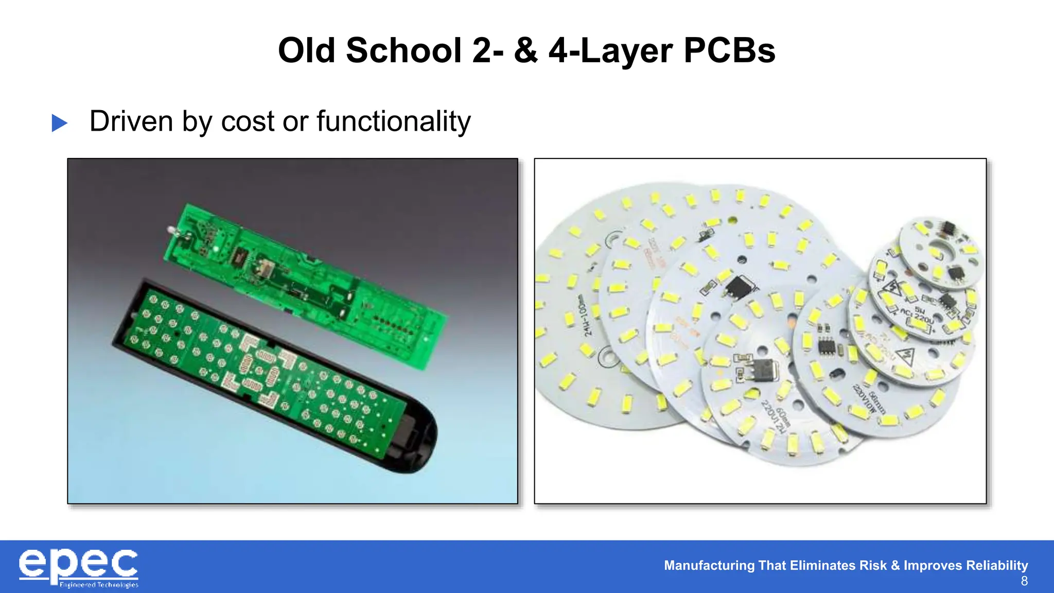 Manufacturing That Eliminates Risk & Improves Reliability
8
Old School 2- & 4-Layer PCBs
 Driven by cost or functionality
 