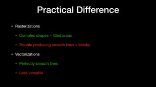 Practical Difference
• Rasterizations

• Complex shapes + ﬁlled areas

• Trouble producing smooth lines = blocky
• Vectorizations

• Perfectly smooth lines

• Less versatile
 