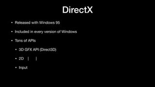DirectX
• Released with Windows 95
• Included in every version of Windows
• Tons of APIs
• 3D GFX API (Direct3D)
• 2D | |
• Input
 