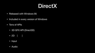 DirectX
• Released with Windows 95
• Included in every version of Windows
• Tons of APIs
• 3D GFX API (Direct3D)
• 2D | |
• Input
• Audio
 