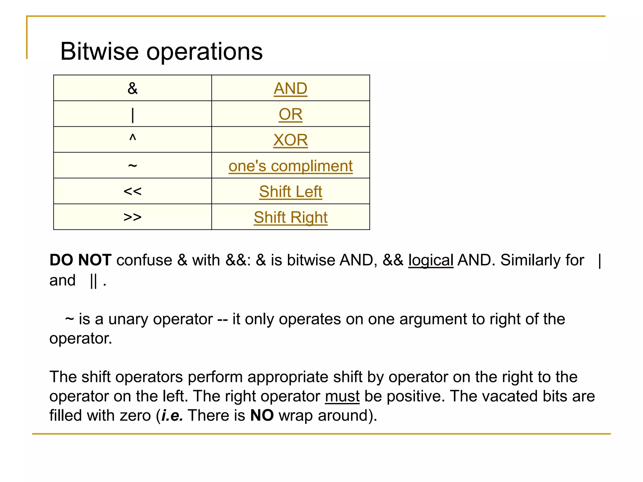 Bitwise operations
& AND
| OR
^ XOR
~ one's compliment
<< Shift Left
>> Shift Right
DO NOT confuse & with &&: & is bitwise AND, && logical AND. Similarly for |
and || .
~ is a unary operator -- it only operates on one argument to right of the
operator.
The shift operators perform appropriate shift by operator on the right to the
operator on the left. The right operator must be positive. The vacated bits are
filled with zero (i.e. There is NO wrap around).
 