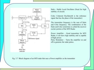 Fig. 3.7 Block diagram of an MTI radar that uses a Power amplifier as the transmitter
Stalo - Stable Local Oscillator (Need for high
stability of circuit)
Coho- Coherent Oscillator(It is the reference
signal that has the phase of the transmitter)
The transmitter frequency is the sum of Stalo
and Coho frequency. The combination of the
Stalo and Coho sometimes is called the receiver
exciter portion of the MTI Radar.
Power Amplifier – Good transmitter for MTI
Radar, it can have high stability and is capable
of high power.
Pulse Modulator – Turns the amplifier on and
off to generate the radar pulses.
 