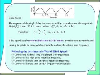 Blind Speed :
The response of the single delay line canceler will be zero whenever the magnitude
Sin(πfdTp) is zero. Which occurs when πfdTp=0, ±π, ±2π, ± 3π
Therefore , , n=0, 1,2, 3
Blind speeds can be serious limitation in MTI radar since they cause some desired
moving targets to be canceled along with the undesired clutter at zero frequency.
p
p
r
d nf
T
n
v
f 



2
Reducing the detrimental effect of Blind Speed :
 Operate the Radar at long wavelength (low frequency)
 Operate with a high pulse repetition frequency.
 Operate with more than one pulse repetition frequency.
 Operate with more than one RF frequency (wavelength)
 