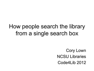 How people search the library
  from a single search box

                     Cory Lown
                  NCSU Libraries
                  Code4Lib 2012
 