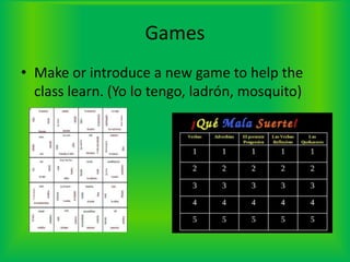 GamesMake or introduce a new game to help the class learn. (Yo lo tengo, ladrón, mosquito)