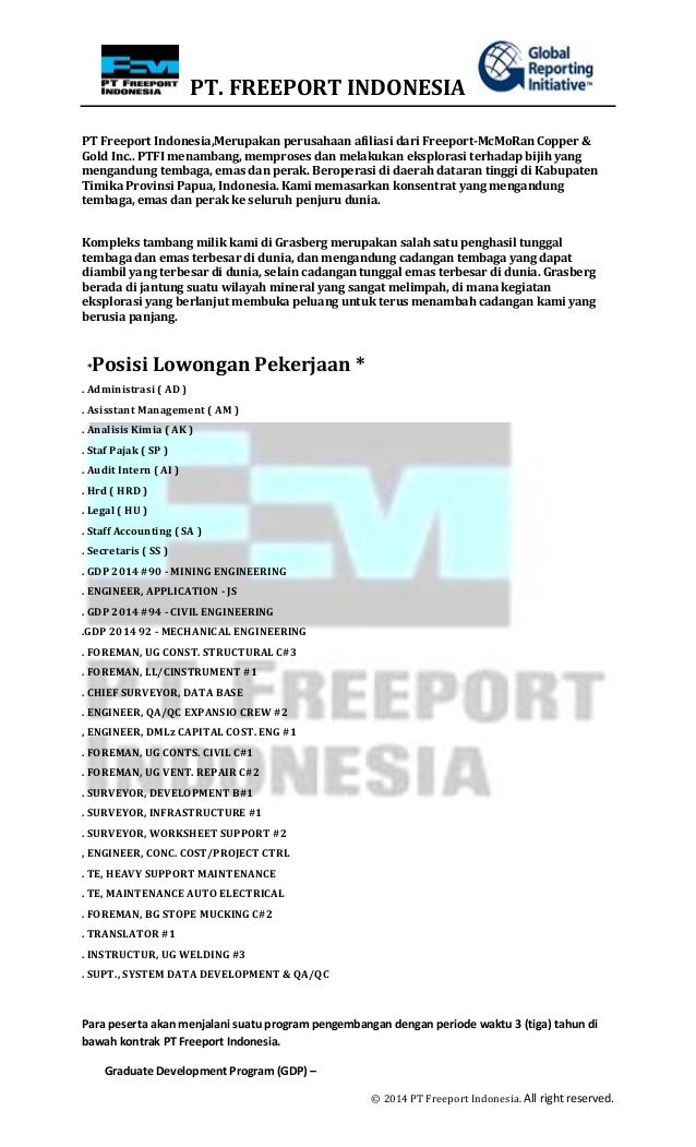 Lowongan pekerjaan pt. freeport indonesia 2015
