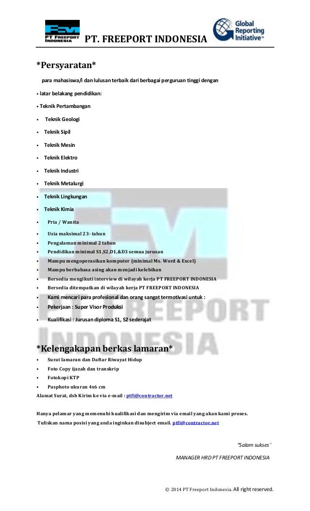 Lowongan Pekerjaan Pt Freeport Indonesia 2015 Lowongan Pekerjaan Pt Freeport Indonesia 2015