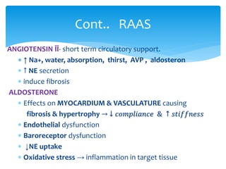 ANGIOTENSIN ĪĪ- short term circulatory support.
 ↑ Na+, water, absorption, thirst, AVP , aldosteron
 ↑ NE secretion
 induce fibrosis
ALDOSTERONE
 Effects on MYOCARDIUM & VASCULATURE causing
fibrosis & hypertrophy → ↓ 𝑐𝑜𝑚𝑝𝑙𝑖𝑎𝑛𝑐𝑒 & ↑ 𝑠𝑡𝑖𝑓𝑓𝑛𝑒𝑠𝑠
 Endothelial dysfunction
 Baroreceptor dysfunction
 ↓NE uptake
 Oxidative stress → inflammation in target tissue
Cont.. RAAS
 