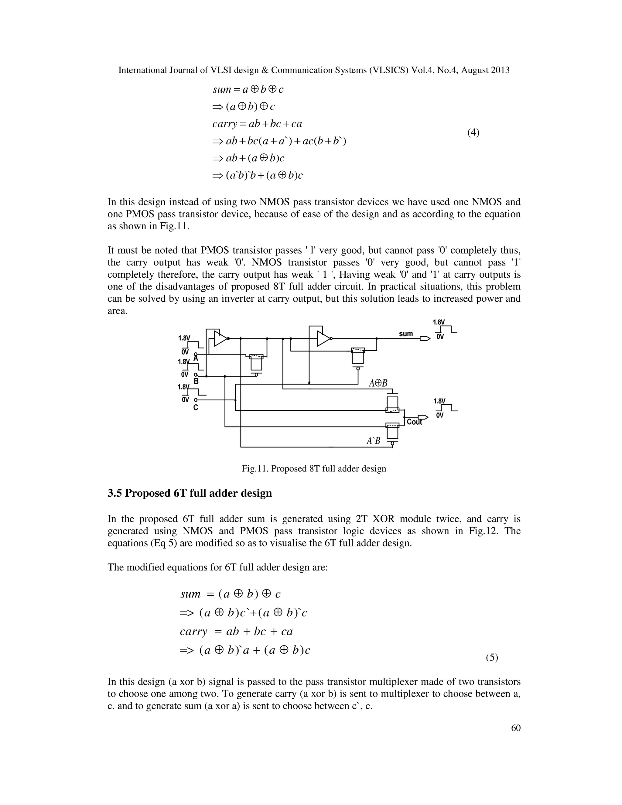 International Journal of VLSI design & Communication Systems (VLSICS) Vol.4, No.4, August 2013
60
cbabba
cbaab
bbacaabcab
cabcabcarry
cba
cbasum
)()``(
)(
`)(`)(
)(
⊕+⇒
⊕+⇒
++++⇒
++=
⊕⊕⇒
⊕⊕=
(4)
In this design instead of using two NMOS pass transistor devices we have used one NMOS and
one PMOS pass transistor device, because of ease of the design and as according to the equation
as shown in Fig.11.
It must be noted that PMOS transistor passes ' l' very good, but cannot pass '0' completely thus,
the carry output has weak '0'. NMOS transistor passes '0' very good, but cannot pass '1'
completely therefore, the carry output has weak ' 1 ', Having weak '0' and '1' at carry outputs is
one of the disadvantages of proposed 8T full adder circuit. In practical situations, this problem
can be solved by using an inverter at carry output, but this solution leads to increased power and
area.
BA`
BA⊕
Fig.11. Proposed 8T full adder design
3.5 Proposed 6T full adder design
In the proposed 6T full adder sum is generated using 2T XOR module twice, and carry is
generated using NMOS and PMOS pass transistor logic devices as shown in Fig.12. The
equations (Eq 5) are modified so as to visualise the 6T full adder design.
The modified equations for 6T full adder design are:
cbaaba
cabcabcarry
cbacba
cbasum
)()`(
)`(`)(
)(
⊕+⊕=>
++=
⊕+⊕=>
⊕⊕=
(5)
In this design (a xor b) signal is passed to the pass transistor multiplexer made of two transistors
to choose one among two. To generate carry (a xor b) is sent to multiplexer to choose between a,
c. and to generate sum (a xor a) is sent to choose between c`, c.
 