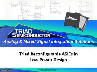 Analog & Mixed Signal IC Solutions
© Triad Semiconductor, 2014 1
Analog & Mixed Signal Integration Solutions
Triad Reconfigurable ASICs in
Low Power Design
 
